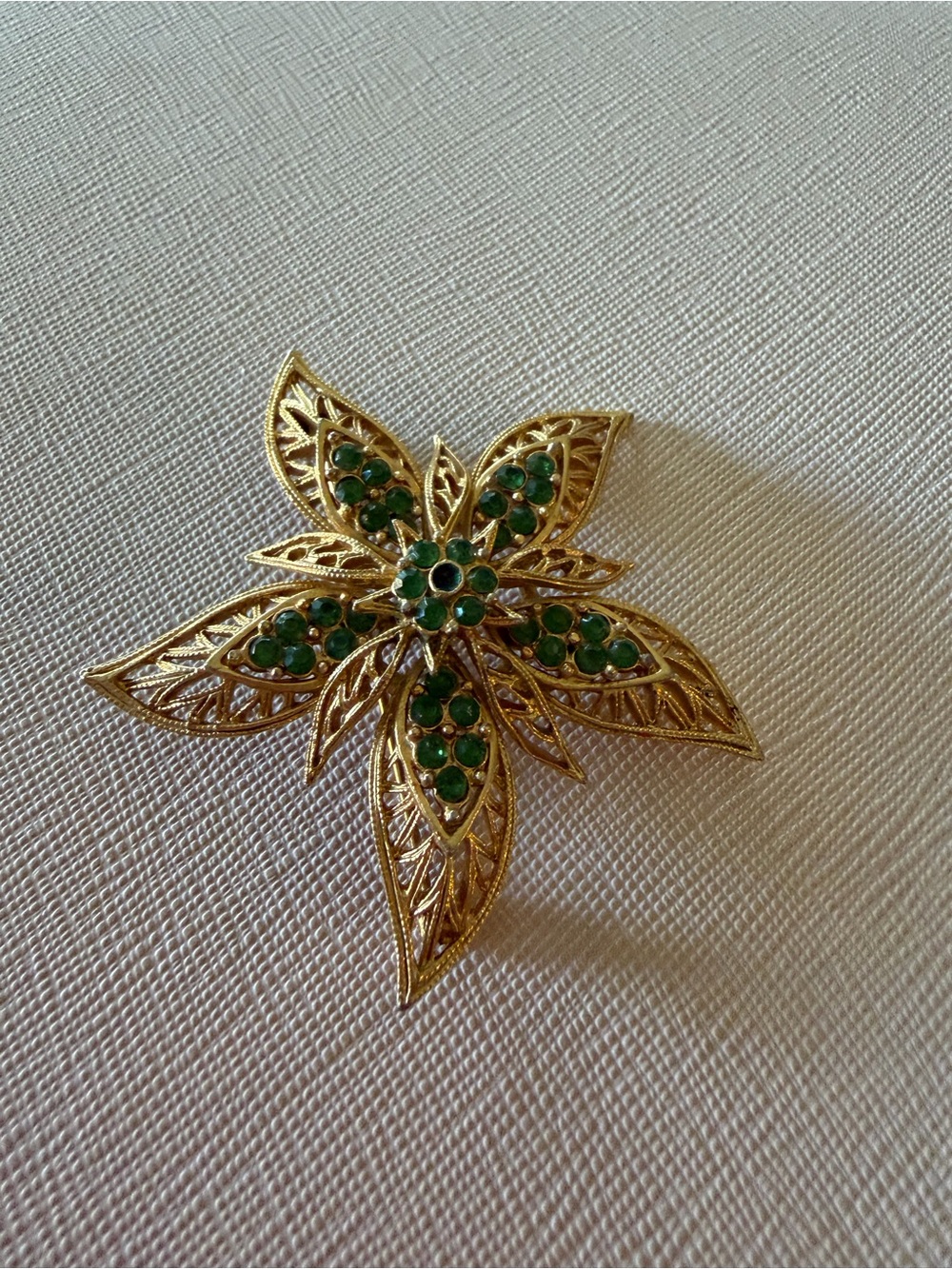 *Estate Jewelry* MCM Corocraft Gold-Tone Floral Brooch with Green Rhinestones